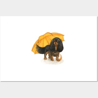 Cavalier King Charles Spaniel - Yellow Umbrella Black and Tan Posters and Art